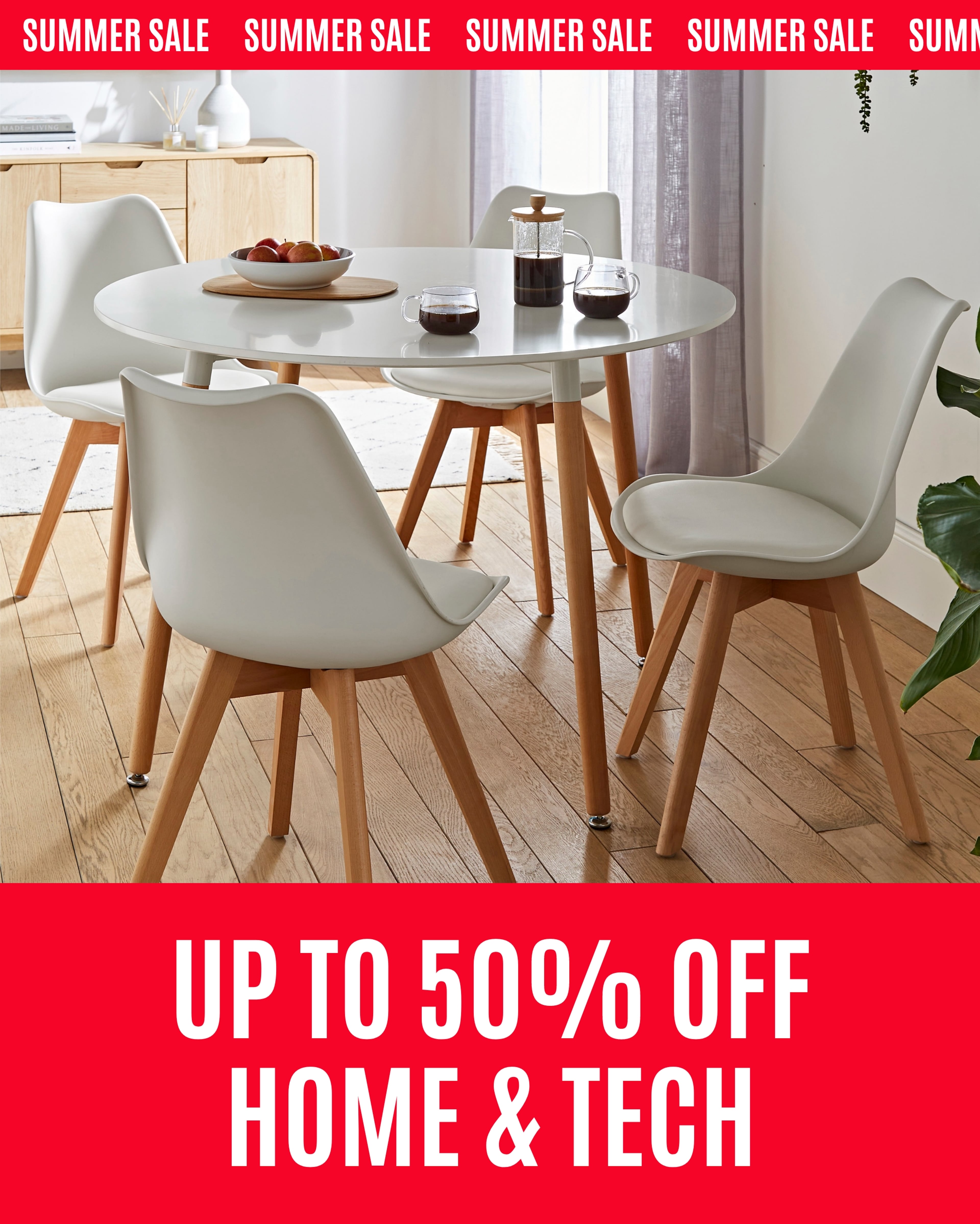 Modern dining table and chairs set featuring a red “Summer Sale” banner.