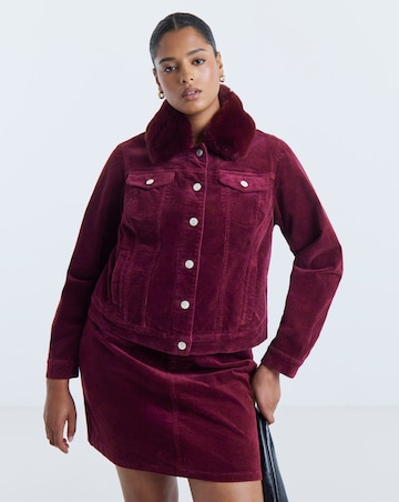 Burgundy Detachable Faux Fur Collar Cord Jacket