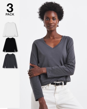 Black, White, Charcoal 3 Pack V-Neck Long Sleeve T-Shirt