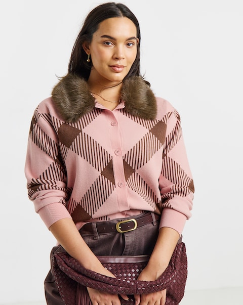 Fur Collar Checked Cardigan