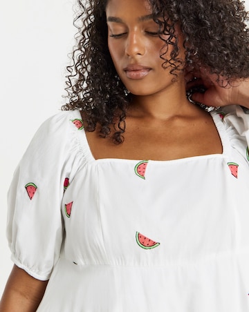Simply Be White Poplin Embroidered Fruit Skater Dress
