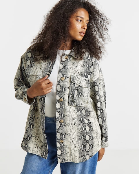 Simply Be Black Snake Print Utility Shacket