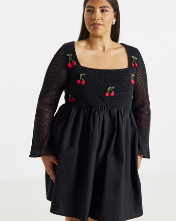 Simply Be Black Crochet Cherry Detail Skater Dress