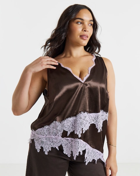 Simply Be Chocolate Satin Lace Trim Cami
