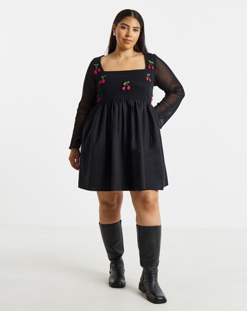 Simply Be Black Crochet Cherry Detail Skater Dress