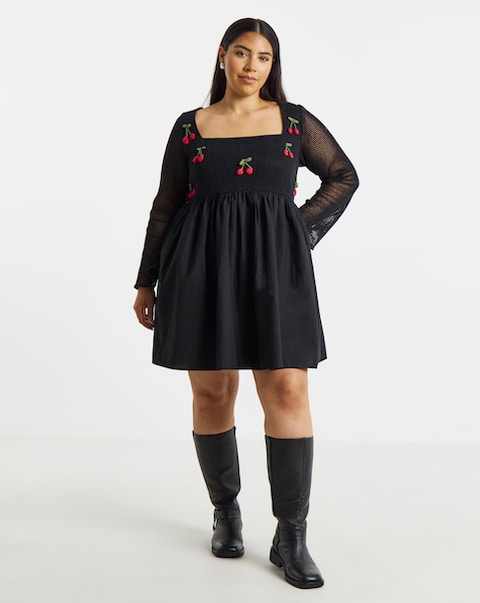 Simply Be Black Crochet Cherry Detail Skater Dress