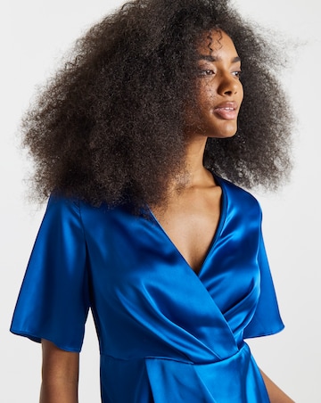 Cobalt Satin Wrap Front Dress