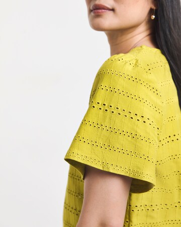 Pure Cotton Green V - Neck Broderie Top