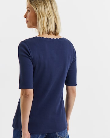 Navy And White Contrast Scallop Scoop Neck Top