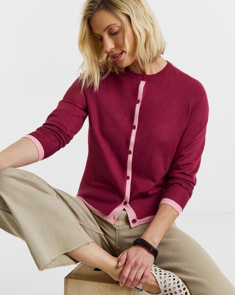 Contrast Detail Crew Neck Cardigan