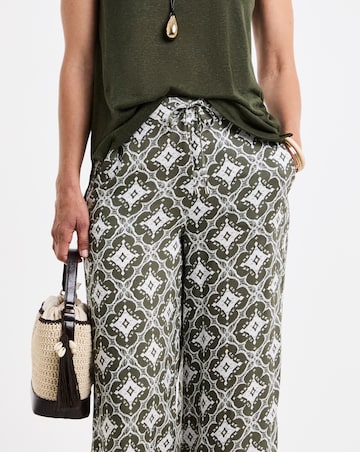 Green Printed Spun Viscose Pull On Wide Leg Trousers