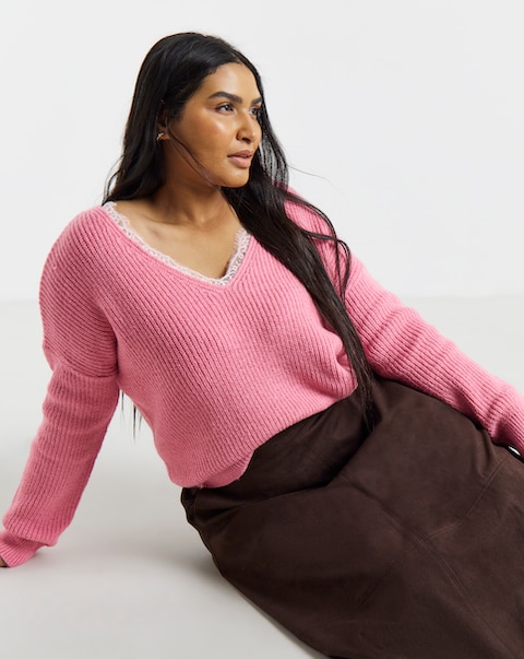 New In - V-Neck Lace Trim Jumper