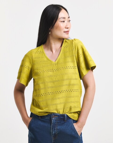 Pure Cotton Green V - Neck Broderie Top