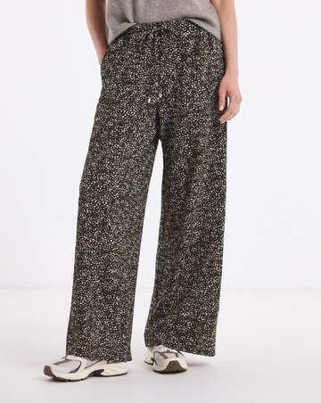 Khaki Print Textured Jersey Tie Waist Wide Leg Trouser