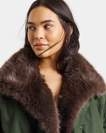 Dark Green Detachable Faux Fur Collar Parka Jacket