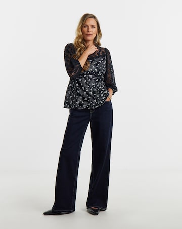 Printed Black Lace Sleeve Blouse