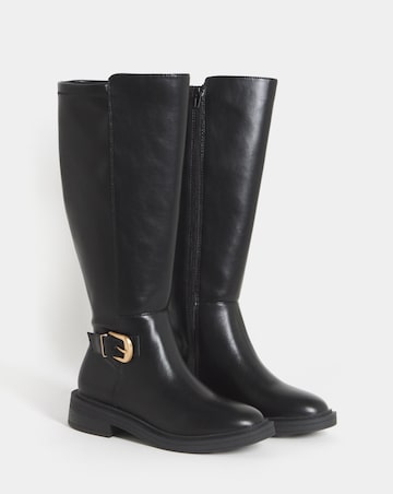 Brielle Buckle Detail Stretch Knee High Boots - Wide Fit (E) & Curvy Calf