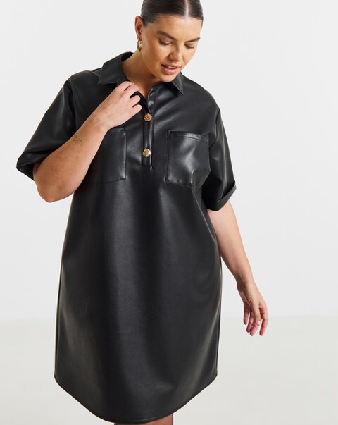 New In - Simply Be Black PU Shirt Dress