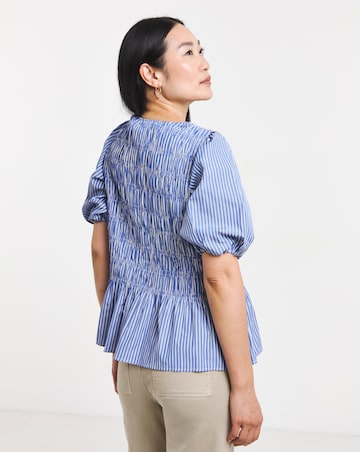Navy Shirred Peplum Stripe Crew Neck Blouse