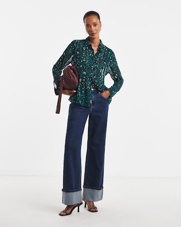 Blue Animal Print Pintuck Peplum Hem Georgette Shirt