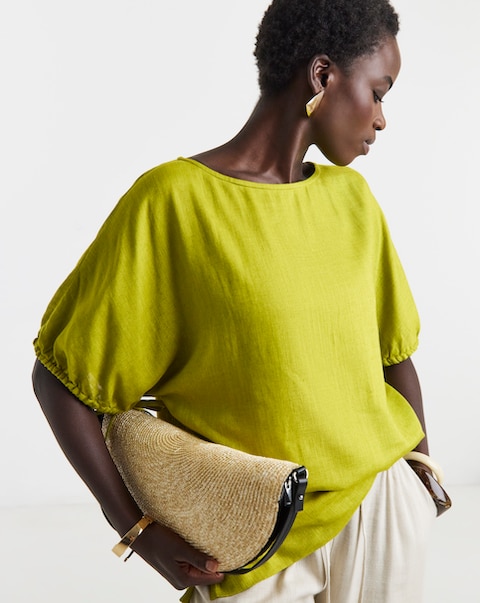 Linen Mix Elasticated Cuff Boxy Top