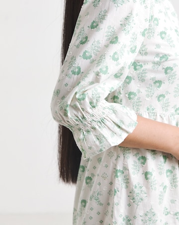 Cotton Dobby Button Through Dress With Puff Sleeve