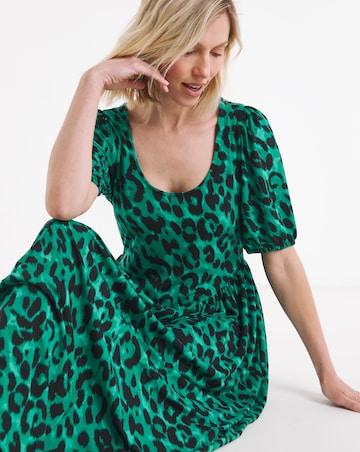 Green Animal Print Jersey Detail Midi Dress