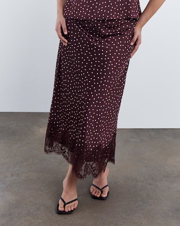 Simply Be Burgundy Spot Satin Lace Trim Midaxi Skirt Co Ord