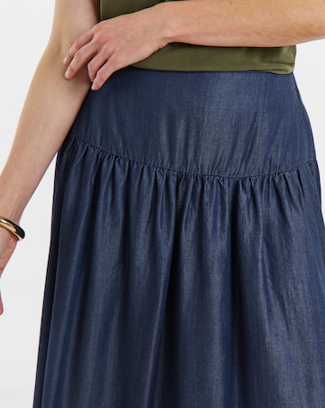 Dark Blue Pull On Tiered Lyocell Denim Maxi Skirt