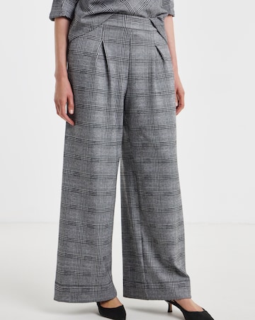 Grey Check Ponte Pull On Pleated Wide Leg Trouser