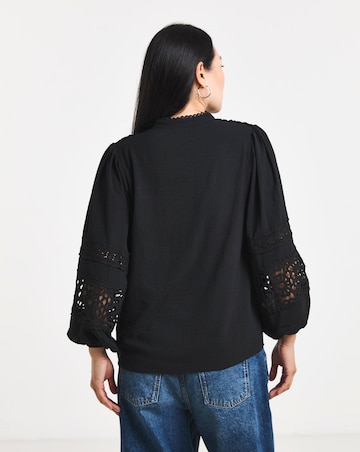Black Lace Trim Button Through Prairie Blouse