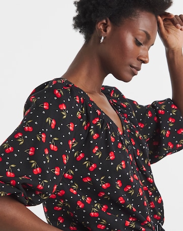 Cherry Print Collarless Button Through Blouse
