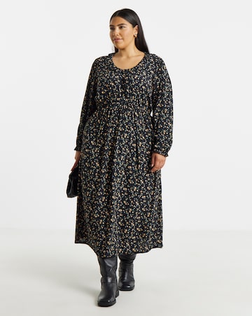 Ditsy Floral Print Frill Neck Detail Midi Dress