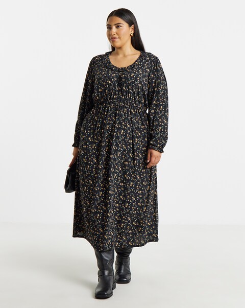 Ditsy Floral Print Frill Neck Detail Midi Dress