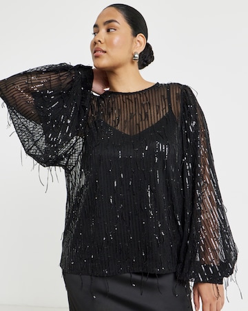 Simply Be Black Fringe Sequin Blouse