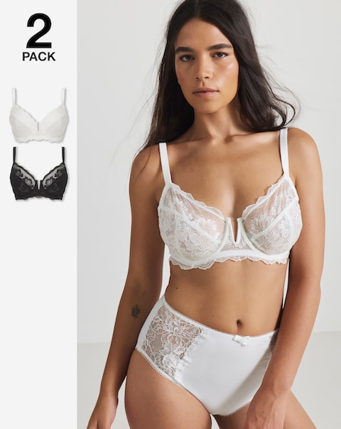Pretty Secrets (2 Pack) Katie Lace Full Cup Wired Bras (B-G) Black/White