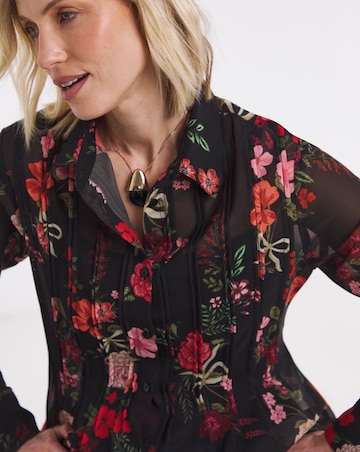 Black Floral Pintuck Peplum Hem Georgette Shirt