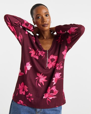 Floral Printed Zip Front Long Sleeve Longline Top
