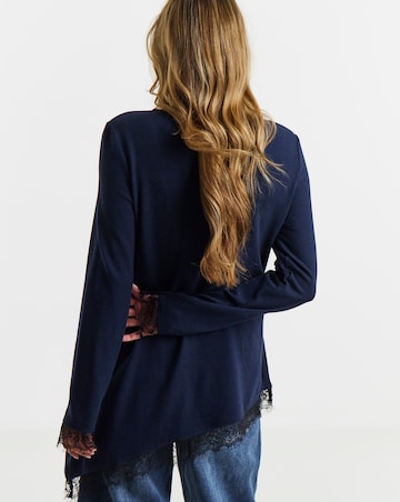 Navy Soft Touch Crew Neck Lace Aysmmetric Longline Top