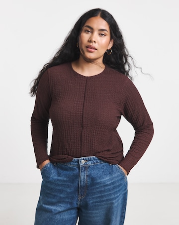 Simply Be Chocolate Crew Neck Long Sleeve Seam Detail Textured Top