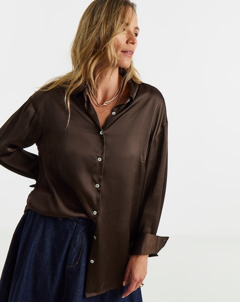 New In - Chocolate Satin Long Sleeve Shirt