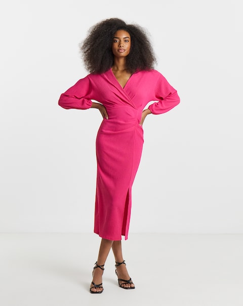 Pink Textured Jersey Ruched Midi Column Dress