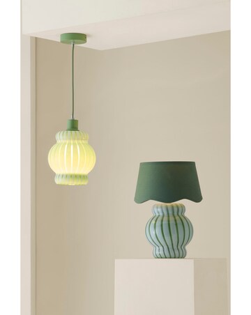 ValueLights Taffy Green Stripe Glass Table Lamp with Scallop Shade