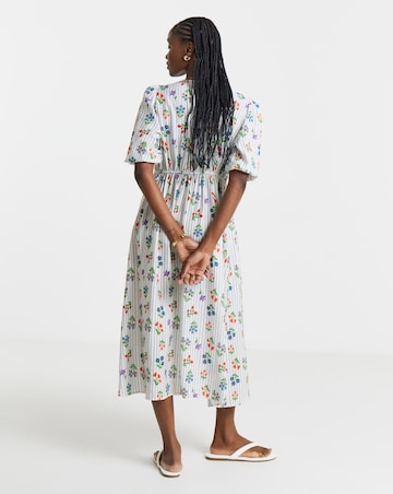 Floral And Stripe Print Waist Detail Midi Dress