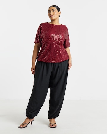 Simply Be Burgundy Sequin Bubble Hem Puff Sleeve Top