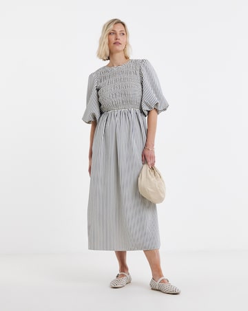 Blue Stripe Shirred Puff Sleeve Dress