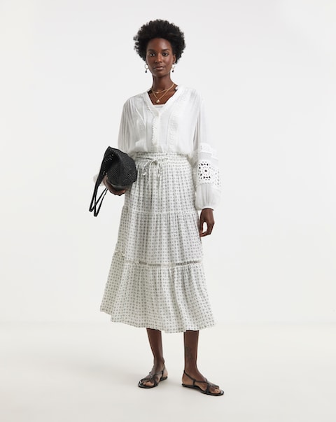Natural Print Crinkle Midi Skirt