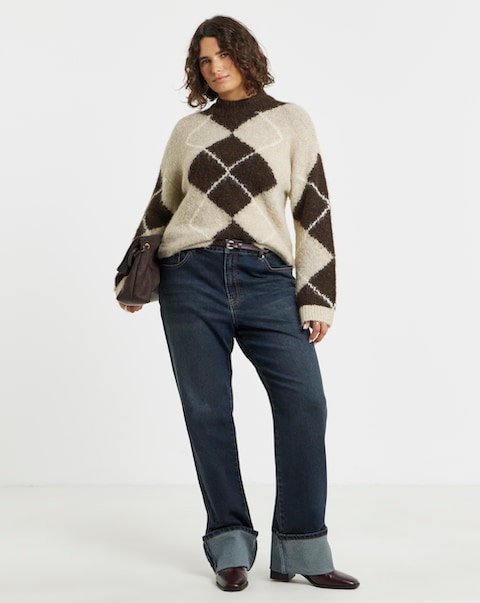 Blue Turn Up Straight Wide Leg Jeans