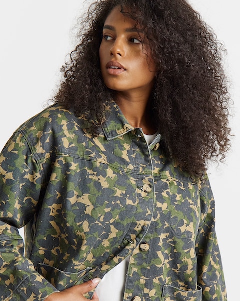 Simply Be Camo Print Button Through Cropped Utility Jacket