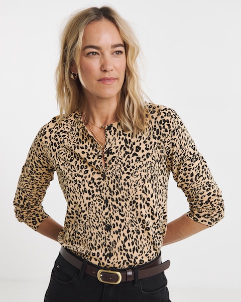 Fine Knit Animal Print Crew Neck Cardigan